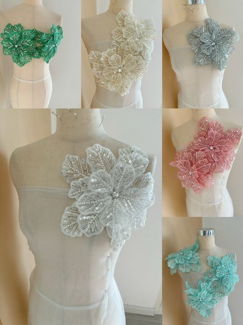 3D Lace Applique, heavy embroidered bodice lace applique, lace bodice for bridal dress altering with 3D florals, bridal lace applique SUPER GORGEOUS!  Highly recommended for bridal headpiece, hair flower , bridal gown applique  HIGHLY RECOMMENDED ✿✿ＭＡＴＥＲＩＡＬ✿✿  see photo in green ✿✿ＣＯＬＯＲ✿✿ ✿✿ＱＵＡＮＴＩＴＹ✿✿ This listing is for 5 pieces as seen in the picture SIMILAR ITEMS: https://www.etsy.com/listing/579490931/navy-blue-lace-applique-heavy-bead-lace?ref=shop_home_active_1 https://www.etsy.com/listing Flower Applique Dress, Gown Applique, Bead Lace, Flowers Applique, Applique Lace, Bodice Applique, Bead Flowers, Embroidered Bodice, Hair Flower