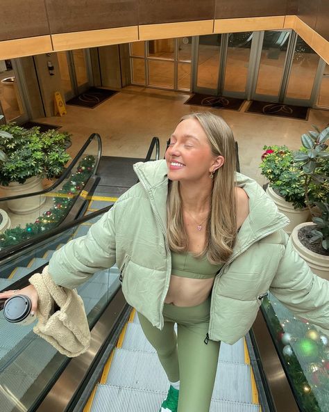 JENNI RHODES 💚 on Instagram: “afternoon holiday shopping in @summerstewart 🎄🛒🥰💚” Green Aesthetic Bright, Oversized Puffer Jacket Outfit, Sage Green Outfits, Jenni Rhodes, Green Puffer Jacket Outfit, Bright Sage Green, Green Jacket Outfit, Sage Green Aesthetic, Puffer Outfit