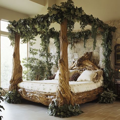 The Living Forest Canopy Bed brings the serenity of nature indoors, featuring a canopy designed to resemble tree branches adorned with lifelike greenery. Crafted from sustainably sourced wood, the bed’s natural finish and subtle lighting create a calming, immersive atmosphere, making it a perfect sanctuary for relaxation. Tree Stump Bed Frame, Tree Bed Frame, Tree Bedframe, Forest Canopy Bed, Moss Bed, Forest Bed, Tree House Bed, Rainforest Trees, Tree Bed