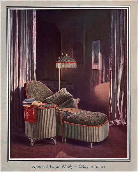 Lloyd Loom Products made high grade woven wicker furniture and baby carriages. This suite calls out to be enjoyed by the "lady of luxury". Illustration is a wonderful secondary triadic color scheme of plum, sage, and rust. Elegant. Published in House & Garden. Vintage Art Deco Interior, 1920s Furniture, 1920s Home Decor, 1920s Interior, 1920s Decor, Vintage Home Decor Boho, 1920s Interior Design, Lloyd Loom, 1920s House