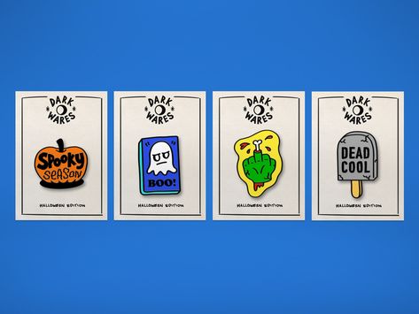 Spooky Pin Badges by Yee Poon Pin Badge Design, Pin Packaging, Unique Apps, Spooky Pins, Pins Badge Display, Food Logo Design Inspiration, Branded Pins, Pin Card, Enamel Pin Collection