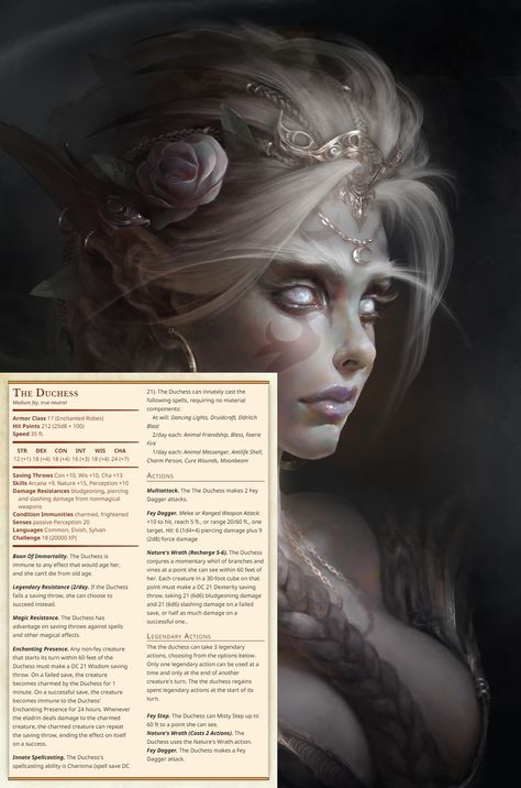 Npc Stats 5e, Cool Dnd Monsters, Dnd Fey Character, Dnd Fey, Hand Maiden, Dnd Encounters, 5e Monsters, Stat Block, Homebrew Monsters