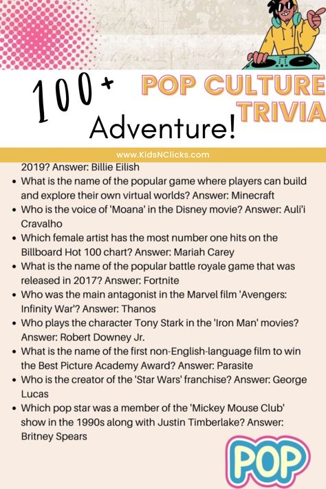 Click through to the blog for this 100+ pop culture trivia adventure! These 100+ questions include pop culture trivia questions for kids as well as pop culture trivia questions for adults (and all ages in between!). From music to iconic TV shows, this trivia quiz covers it all. Have fun during family night or family parties with this pop trivia game! All the details inside. Jepordy Game Questions Free Printable, Free Trivia Questions, Trivia Games For Adults, Trivia Questions For Adults, Iconic Tv Shows, Trivia Questions For Kids, Classroom Assistant, Pop Culture Trivia, Challenging Questions