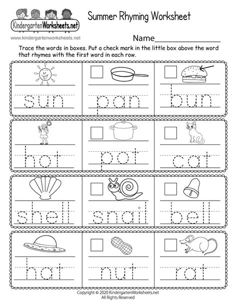 This summer-themed rhyming worksheet asks kids to find the rhyming word for each summer image. Children can also develop their vocabulary by tracing the three-, four-, and five- letter words that appear underneath the corresponding images. Language For Kindergarten Worksheets, Meditation Worksheets, Kindergarten Language Worksheets, Spelling Worksheets Kindergarten, Summer School Worksheets, Kindergarten Grammar Worksheets, Rhyming Worksheet, Seasons Worksheets, Prek Ideas