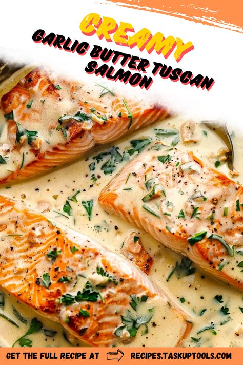 Indulge in the rich flavors of Creamy Garlic Butter Tuscan Salmon, a gourmet dish that brings the taste of Italy to your dinner table. This easy-to-follow recipe features tender salmon fillets smothered in a luscious garlic butter sauce, complemented by sun-dried tomatoes and fresh spinach. Perfect for a weeknight meal or special occasion, this dish offers a delightful fusion of creaminess and savory goodness. Elevate your cooking with this mouthwatering recipe that promises to impress family and friends alike Creamy Garlic Butter Tuscan Salmon, Creamy Garlic Salmon Recipes, Smothered Salmon Recipe, Tuscan Butter Salmon, Salmon Tuscan Recipe, Creamy Garlic Butter Salmon, Tuscan Salmon Pasta, Creamy Garlic Tuscan Salmon, Creamy Tuscan Salmon