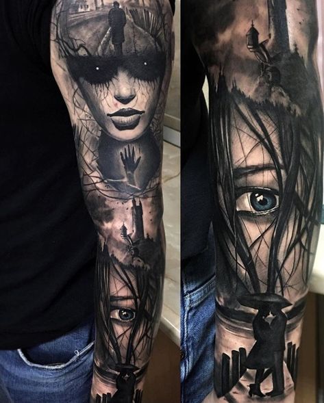 Portrait Tattoo Sleeve, Gotik Tattoo, Chicanas Tattoo, Geometric Sleeve Tattoo, Wolf Tattoo Sleeve, Skull Sleeve Tattoos, Realistic Tattoo Sleeve, Scary Tattoos, Forearm Tattoo Design