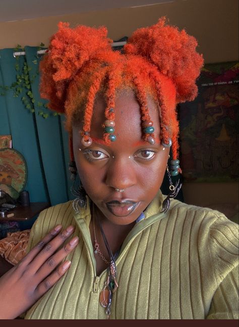 Orange Dreads Black Women, Black Woman Orange Hair, Orange Afro Hair, Orange Afro, Neon Orange Hair, Orange Dreads, Dreads Black Women, Natural Haircut Styles, Hair References