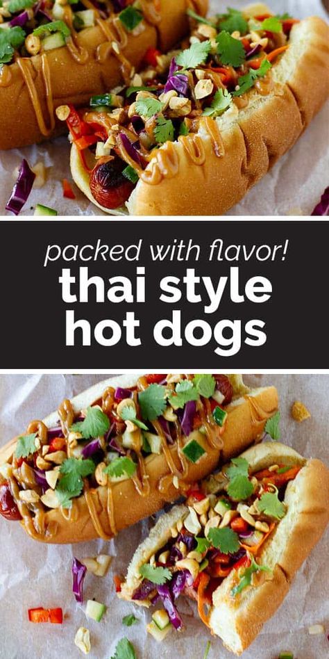 These Thai Style Hot Dogs are packed with flavor! Hot dogs are topped with Thai-inspired slaw, peanut sauce, chopped peanuts and cilantro for a different take on the hot dog. Hot Dog Stir Fry, Korean Style Hot Dog, Steam Hot Dog Buns, Gourmet Hot Dog Toppings Ideas, Dog Peanut Butter, Unique Hot Dog Toppings, Peanut Butter For Dogs, Great Dinner Ideas, Thai Style