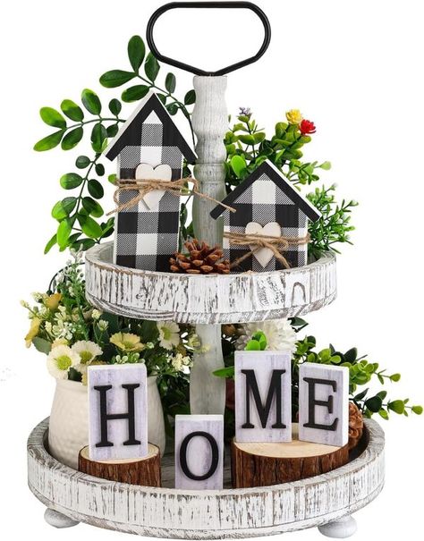 Tiered Tray Decorations, Easter Table Centerpieces, Farmhouse Tiered Tray Decor, Tiered Tray Stand, Love Wood Sign, Farmhouse Tiered Tray, Buffalo Plaid Decor, White Kitchen Decor, Plaid Decor