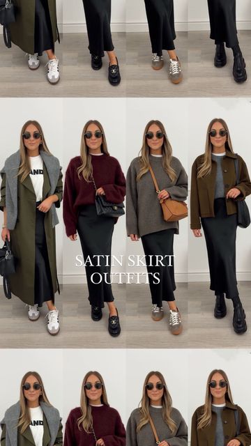 Stacie Elsmore on Instagram: "8 ways to wear a satin skirt for Autumn 🍂 Which look is your favourite?! 🖤 

You can shop all of these outfits now on my LTK- the link is in my bio or search MISSY ELZ on the app ✨" Satin Skirt Autumn Outfit, Winter Satin Skirt Outfit, Satin Skirt Outfit Ideas, Outfit Jupe Satin, Jupe Satin Outfit, Satin Skirt Outfit Winter, Missy Elz, London Outfits, Expensive Outfits