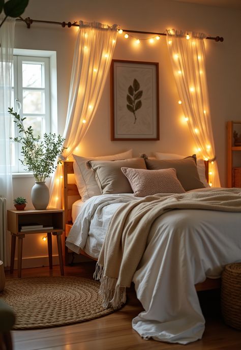 Boho Bedroom with Curtain Lights Bedroom With Twinkle Lights, Fabric Behind Bed, Fairy Light Curtain Bedroom, Curtain Lights Behind Bed, Fairy Lights Behind Bed, Fairy Lights Bedroom Ideas Simple, Bedroom Curtain Lights, Curtain Lights Bedroom Ideas, Curtain Behind Bed