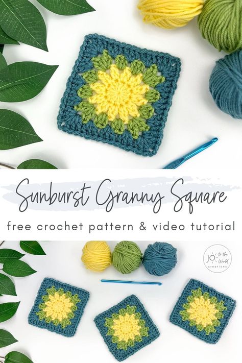 Sunburst Granny Square - Free Crochet Pattern | Jo to the World Creations Small Granny Square Pattern, Sunburst Granny Square Pattern, Sunburst Crochet, Easy Granny Square, Sunburst Granny Square, Afghan Squares, Square Crochet Pattern, Granny Square Pattern, Crocheting Patterns