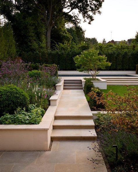 An elegant garden design and build by @outdoor_options using our Zahra Beige washed paving, steps and copings. Photo credit to @alistergthorpe Allgreen. Master In Stone. #gardendesign #inspiration #landscape #garden #patio #gardeninspiration Stone Stairs Landscaping, Sandstone Steppers, Limestone Steps Landscape, Natural Stone Steps Landscaping, Garden Steps On A Slope Stairs Natural Stones, Stone Landscape, Sandstone Pavers, Landscape Steps, Elegant Garden