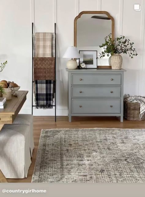 Different Color Furniture In Bedroom, Cottage Dresser Decor, White Board And Batten Living Room, Bedroom Two Dressers, British Style Bedroom, Bedroom Chest Of Drawers Styling, Sideboard Transformation, The Established Home, Chest Of Drawers Styling