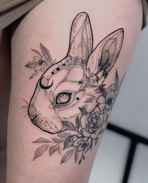 Chest Tattoo Wolf, Hase Tattoos, White Rabbit Tattoo, Bunny Tattoo, Bunny Tattoos, Rabbit Tattoos, Chest Tattoos For Women, Chest Piece Tattoos, Stomach Tattoos