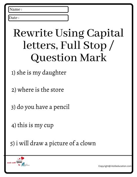 Full Stop And Question Mark Worksheet, Capital Letters And Full Stops Worksheet, Question Mark Worksheet, Teaching Punctuation, Capital Letters Worksheet, Writing Worksheets Kindergarten, Punctuation Activities, Magazine Letters, Punctuation Worksheets