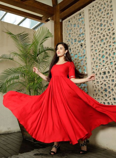 Red Frock, Long Skirt And Top, Simple Kurta Designs, Candy Red, Hampi, Long Dress Design, Indian Gowns Dresses, Tassel Dress, Indian Gowns