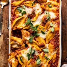 Pumpkin Cheese Stuffed Pasta Shell Bolognese Bake - Half Baked Harvest Bolognese Bake, Cheese Stuffed Pasta, Pumpkin Pasta Bake, Pumpkin Pasta Recipe, Autumn Pasta Recipes, Fall Pasta, Half Baked Harvest Recipes, Cozy Fall Recipes, Stuffed Pasta