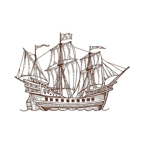 Vector galleon vintage sailing ship sail... | Premium Vector #Freepik #vector #old-ship #sailing-logo #sailing-ship #ship-logo Galleon Ship, Vintage Sailing, Ship Tattoo, Bright Background, Ink Sketch, Sketch Drawing, Chest Tattoo, Sailing Ships, Jeep Wrangler