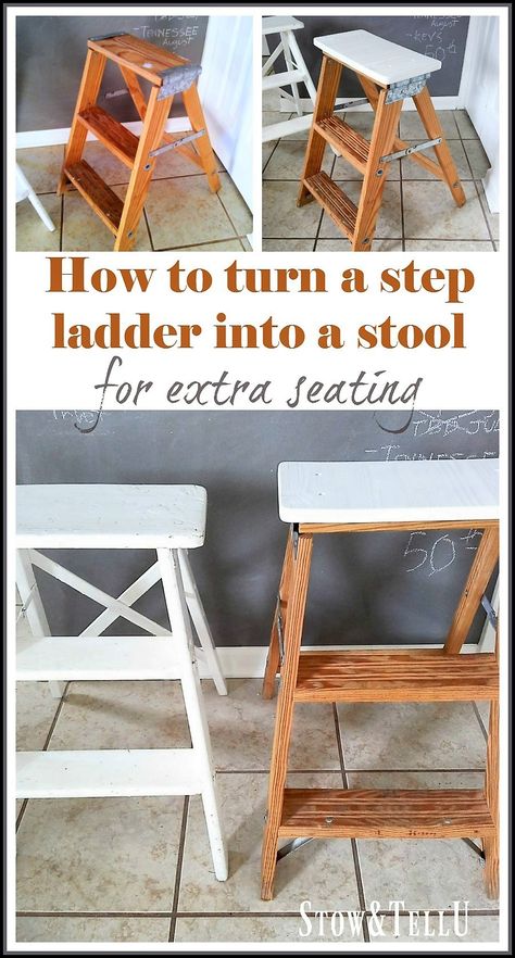 How to turn a step ladder into a stool or chair for extra seating. space saving ideas, small space living, rustic industrial decor | StowandTellU.com Step Ladder Repurpose, Modern Drawing Room, Repurposed Ladders, Small House Furniture, Ladder Ideas, Modern Antique Furniture, Architect Studio, 3 Step Ladder, Painting Ikea Furniture