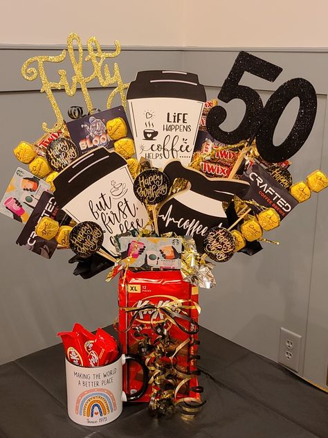 50th Birthday Coffee & Chocolate Bouquet 50th Birthday Candy Bouquet, 50th Birthday Diy Gifts, Birthday Bouquet Ideas, Diy Gift Bouquet, Husbands 50th Birthday, Birthday Craft Gifts, Craft Gift Ideas, Birthday Candy Bouquet, Gift Card Bouquet