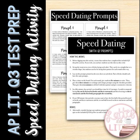 Need to prepare your students for timed writing? Looking for something active and engaging before the AP Lit. Exam? This resource includes a preparation sheet for the Question 3 Prompt, a Q3 Prompt Speed Dating Activity, and a summative assessment to ensure that students are walking into the AP test prepared with at least five novels they can pull from. Ap Literature And Composition, English Teacher Classroom, Reciprocal Teaching, Writing Hooks, Ap Language And Composition, Ap Test, Composition Writing, Types Of Essay, Ap Literature