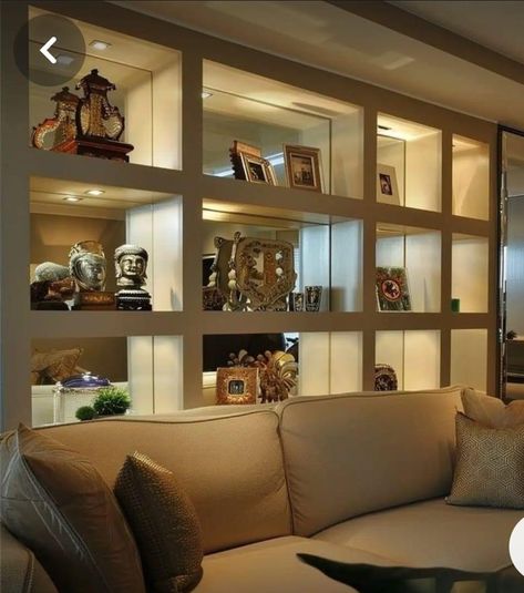 Mirror Backed Bookcase, Mirror Wall Design Ideas, Lights Behind Tv, Make Your Room Look Bigger, Mirror Wall Design, Mirror Wall Panel, Mirrored Walls, Warm Dining Room, Creative Mirror