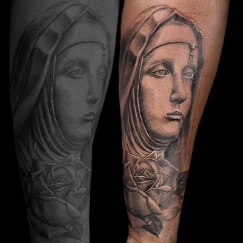 Saint Rita tattoo Saint Rita, Awesome Tattoos, Grey Tattoo, Black And Grey Tattoos, Realism, Cool Tattoos, Portrait Tattoo, Gray Color, Black And Grey