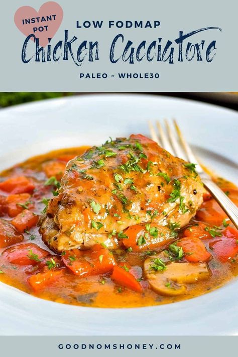 chicken cacciatore on a white plate covered in vegetable sauce Instant Pot Chicken Cacciatore, Fodmap Chicken Recipes, Fodmap Dinner, Fodmap Chicken, Low Fodmap Chicken, Low Fodmap Recipes Dinner, Low Carb Chicken Casserole, Dinner Paleo, Cacciatore Recipes