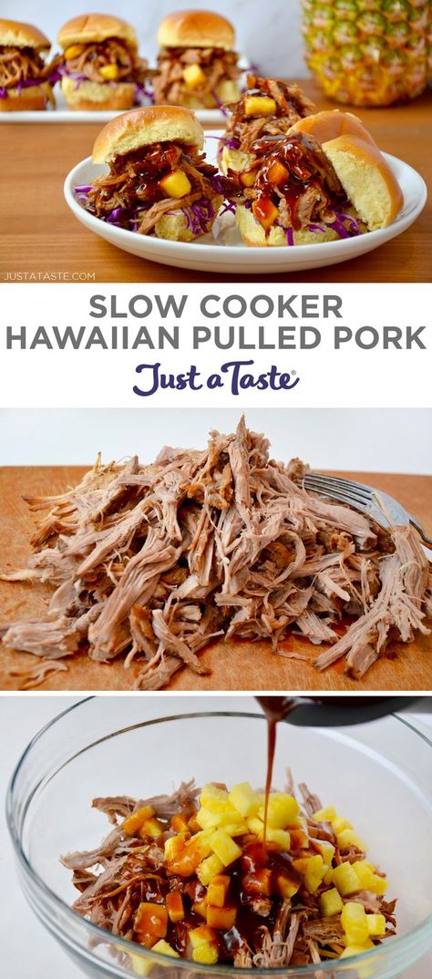 Take your taste buds to the tropics with a recipe for Slow Cooker Hawaiian Pulled Pork. This sweet and tangy pork is insanely moist after slow-cooking in a bath of pineapple juice, soy sauce, garlic and ginger. I guarantee this will become a mainstay on your hectic weeknight or laid back weekend menus! justataste.com  #recipes #slowcooker #slowcookerrecipes #superbowl #superbowlparty #pulledpork #pineapple #crockpot