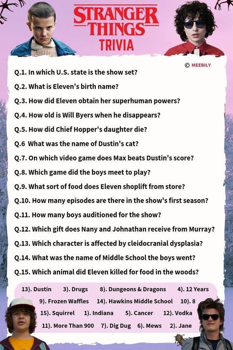 50+ Stranger Things Trivia Questions & Answers - Meebily Stranger Things Games Ideas, Stranger Things Worksheet, Stranger Things Games For Party, Stranger Things Birthday Games, Stranger Things Sleepover Ideas, Stranger Things Facts, Stranger Things Themed Food, Stranger Things Sleepover, Stranger Things Bday