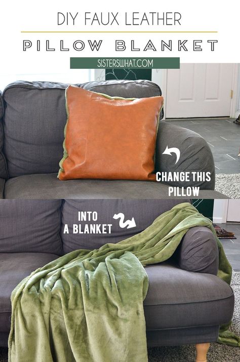 Learn how to make an easy pillow blanket. Use lush, fleece blanket to turn into a faux leather pillow. A very easy faux leather pillow and a blanket tutorial. Homemade Blankets, Faux Leather Pillow, Winter Sewing Projects, Diy Blanket, Winter Sewing, Craft Projects For Adults, Blankets For Winter, Pillow Blanket, Diy Wool