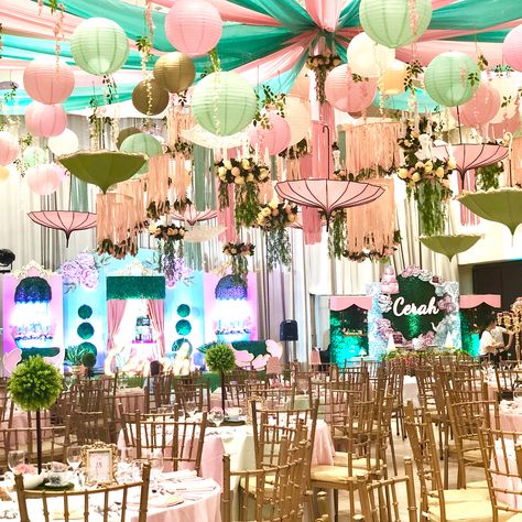 Dianne Khu on Instagram: “Kicking off September with this dainty #garden #patisserie themed party! Florals, pastel colors, lovely sweets with a touch of #teaparty 😊…” Debut Ceiling Design, 18th Debut Theme, Unique Ceiling Design, Unique Ceiling Ideas, Ceiling Ideas Living Room, Ideas For Interior Design, Clear Acrylic Wedding Invitations, Pitched Ceiling, Debut Ideas