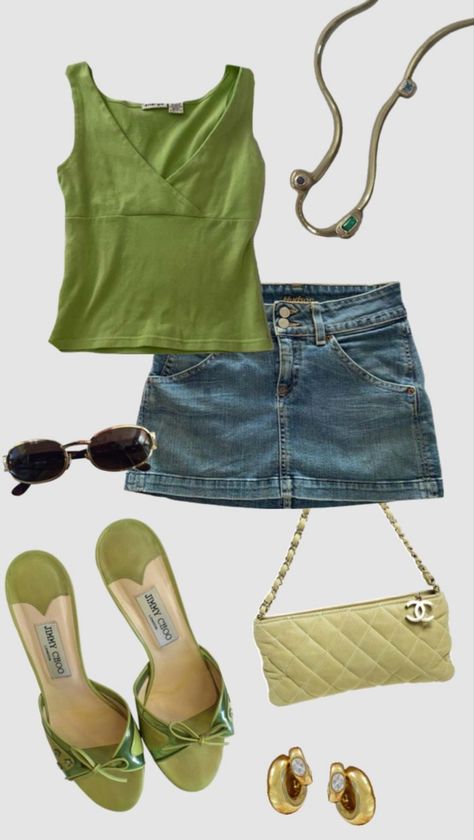 Green tank top and denim skirt! Green heels with a green purse. A pair of sunglasses and a statement necklace! #summer #fashion #summeroutfitideas #green #tanktopoutfits #denim #skirtfashion #heels #green #bows #pursesandhandbags #sunglasses #statementjewelry #necklace