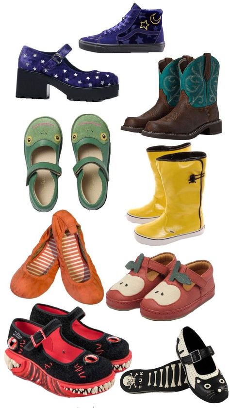 I LOVE WEIRD/SPECIALTY SHOES Silly Clothes, Funky Shoes, Hippie Style Clothing, Outfit Collage, Funky Outfits, Quirky Fashion, Fire Fits, Fancy Shoes, Japanese Street Fashion