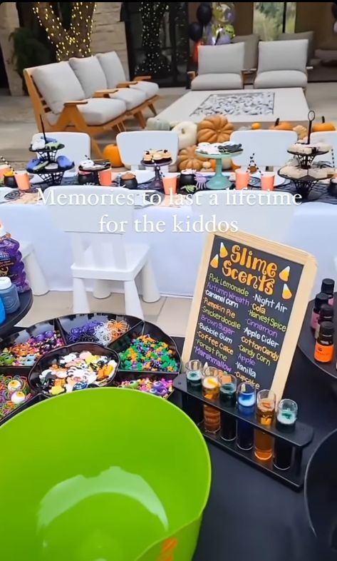 Slime table-kids activity Halloween Slime Station, Slime Station Party, Slime Table, Kardashian Parties, Slime Station, Kardashian Party, Backyard Halloween Party, Halloween Kids Party, Halloween Slime