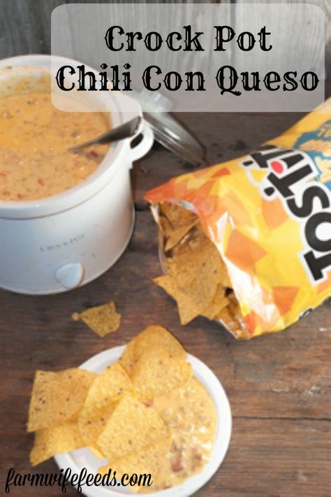 Crock Pot Chili Con Queso Dip - The Farmwife Feeds Chili Con Queso Dip, Queso Dip Crockpot, Con Queso Dip, Small Crock Pot, Crock Pot Chili, Chicken Bacon Pasta, Crock Pot Dips, Chili Cheese Dips, Queso Dip Recipes