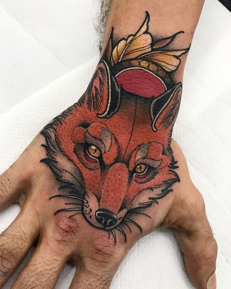 Fox hand tattoo Tattoo Illustration Design, Fox Hand Tattoo, Neotrad Fox Tattoo, Neo Trad Fox Tattoo, Fox Tattoo For Man, Fox Tattoo Men, Fox Tattoo Colorful, Back Of Hand Tattoos, Neotraditional Tattoo