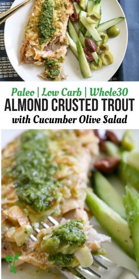 Almond Crusted Trout with Cucumber Olive Salad - A perfectly crunchy crust gives way to tender trout paired with delicious Cucumber Olive Salad makes a healthy 30 minute meal. | Prepare and Nourish | fish recipes | trout recipes | crusted trout recipe | healthy meals | Paleo recipes | Whole 30 recipes || #fishrecipes #whole30 #paleodinner Fish Recipes Trout, Salad Low Carb, Trout Recipe, 30 Minute Meals Healthy, Paleo Seafood Recipes, Whole30 Fish Recipes, Trout Recipes, Olive Salad, Almond Crusted