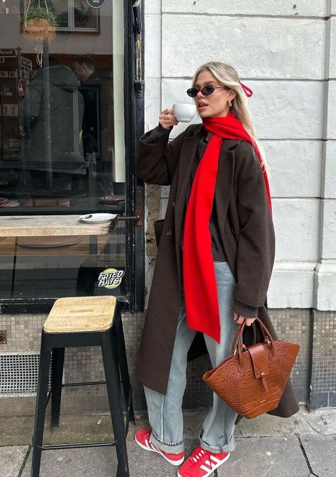 Red Trainers Outfit Women, Red Knit Cardigan Outfit, Red Scarf Outfit Aesthetic, Cute Winter Outfits Aesthetic, Red Cozy Cardigan For Layering, Red Cardigan Street Style, Chic Red Knit Cardigan, Red Scarf Outfit, Winter Outfits Baddie