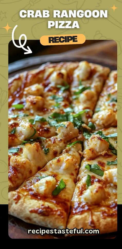 This Crab Rangoon Pizza is a delicious fusion of savory crab, creamy cheese, and crispy pizza crust, all topped with a sweet chili sauce drizzle. The perfect appetizer or main dish for any gathering, this unique recipe blends the flavors of crab rangoon with the comfort of pizza. Quick and easy to make, it’s sure to become a favorite! #CrabRangoonPizza #PizzaRecipe #CrabPizza #EasyPizza #AppetizerRecipes #FusionCuisine #SweetChiliSauce #CreamyPizza #QuickDinner Crab Rangoon Pizza Recipe, Crab Flatbread Recipes, Crab Rangoon Recipes, Dinner Recipes Unique, Crab Dumplings, Crab Pizza, Crab Rangoon Pizza, Homemade Crab Rangoon, Unique Pizza Recipes