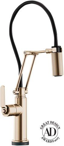 Brizo Litze articulating faucet in brilliance luxe gold; $1,352. brizo.com Brizo Articulating Kitchen Faucet, Brizo Faucets Kitchens, Brizo Litze Kitchen Faucet, Kitchen Faucets Ideas, Brizo Litze, New Kitchen Sink, Faucets Ideas, Kitchen Sink Ideas, Delta Trinsic