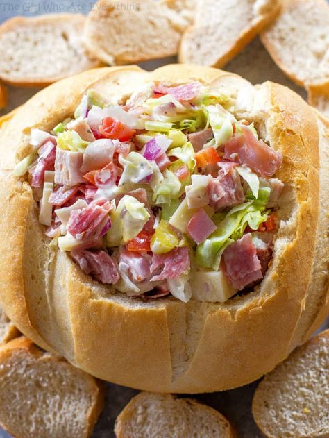 This Hoagie Dip recipe tastes just like a sub sandwich from Subway but in dip form. This appetizer should really be called Hoagie Spread because the best way to eat it is to spoon it on top of slices of bread. Hoagie Dip Recipe, Hoagie Dip, Potato Soup Recipe, Appetizer Bites, Baked Chicken Thighs, Bread Bowls, Dip Recipe, Appetizer Dips, Slice Of Bread