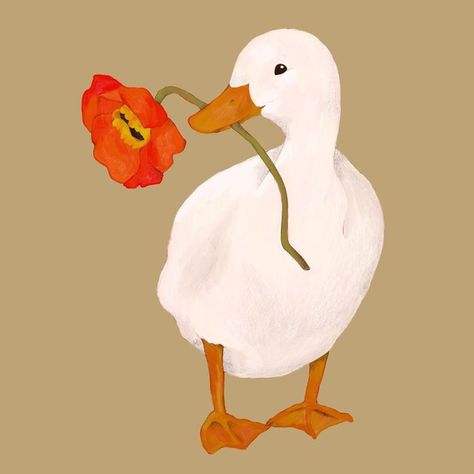 Duck Holding Flowers Drawing, A Painting A Day, Duck Art Cute, Duck Illustration Cute, How To Draw A Duck, Cute Duck Painting, Poppy Doodle, Ducks Drawing, Duck Draw