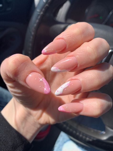 Pink & white almond nails with ✨ Soft Pink Nails Almond Shape, Pink Nails Ideas Almond Shape, Acrylic Nail Designs Almond Pink, Aesthetic Almond Shaped Nails, Soft Almond Nails Designs, Pink French Tip Nails Almond Design, Elegant Birthday Nails Almond, Pink Acrylic Nails Almond Art Designs, Pink And White Nails Almond Shape