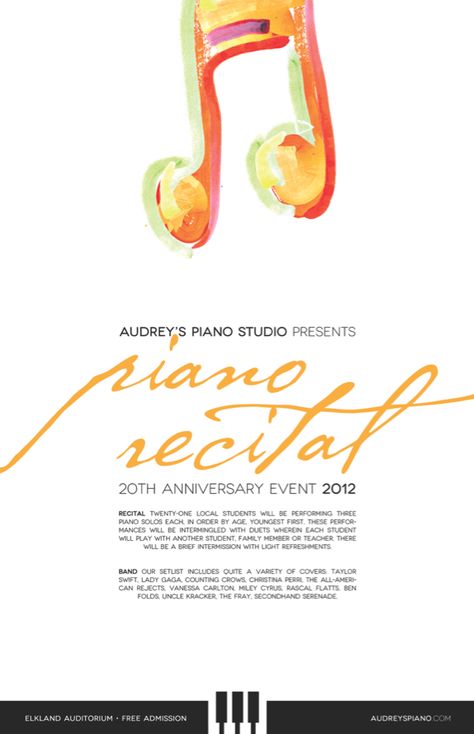 2012 Recital/Concert poster for a piano teacher in Pennsylvania. Piano Recital Poster, Piano Concert Poster, Piano Poster Design, Recital Poster, Concert Poster Design, Piano Recital, Music Concert Posters, Concert Flyer, Jazz Poster