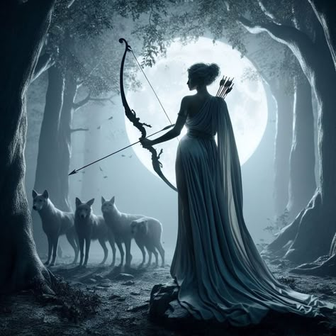 Artemis Goddess Art Mythology, Artimus Greek Goddess Tattoo, Artimes Goddess, Huntress Of Artemis Aesthetic, Arthemisa Goddess, Artemis Moon Goddess, Apollo And Artemis Art, Artemis Artwork, Artemis Bow And Arrow