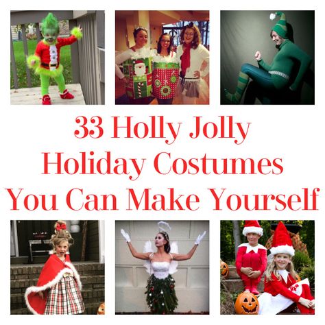 33 Holly Jolly Holiday Costumes You Can Make Yourself Christmas Movie Characters Costumes Diy For Kids, Christmas Costume Ideas For Women Diy, Holiday Costume Ideas Christmas, Kids Christmas Character Costumes Diy, Jovie Elf Costume Diy, Easy Christmas Costumes Diy, Diy Christmas Movie Costumes, Christmas Character Costumes For Kids, Dress Like A Christmas Character