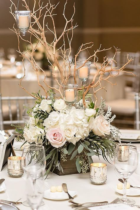 rustic wedding centerpieces white ruddy roses and branches with candles in a wooden box // tall, romantic, whimsical Wedding Centerpieces White, Cheap Wedding Table Centerpieces, Centerpieces Rustic, Winter Wedding Centerpieces, Wedding Floral Centerpieces, Rustic Wedding Centerpieces, Wedding Centerpieces Diy, Flower Centerpieces Wedding, Wedding Table Decorations