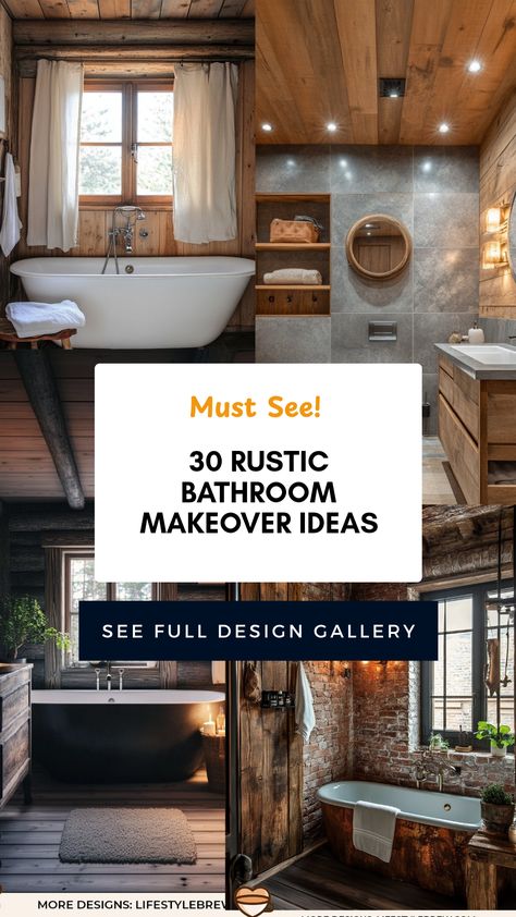 Did you know a rustic bathroom can transform your space into a cozy retreat? Explore 30 rustic bathroom makeover ideas featuring natural wood, vintage fittings, and warm textiles. From reclaimed wood cabinetry to charming farmhouse sinks, these designs blend functionality with rustic aesthetics. Discover how to incorporate earthy tones and timeless decor techniques that capture the essence of rural charm in your bathroom. Achieve a welcoming, laid-back vibe that invites relaxation while maintaining practicality and style. Perfect for any home looking for that warm, rustic touch. Mountain Lodge Bathroom Ideas, Rustic Bathroom Colors Paint, Mountain Lodge Bathroom, Lodge Bathroom Ideas, Rustic Style Bathroom, Rustic Bathroom Makeover, Lodge Bathroom, Bathroom Makeover Ideas, Reclaimed Wood Vanity